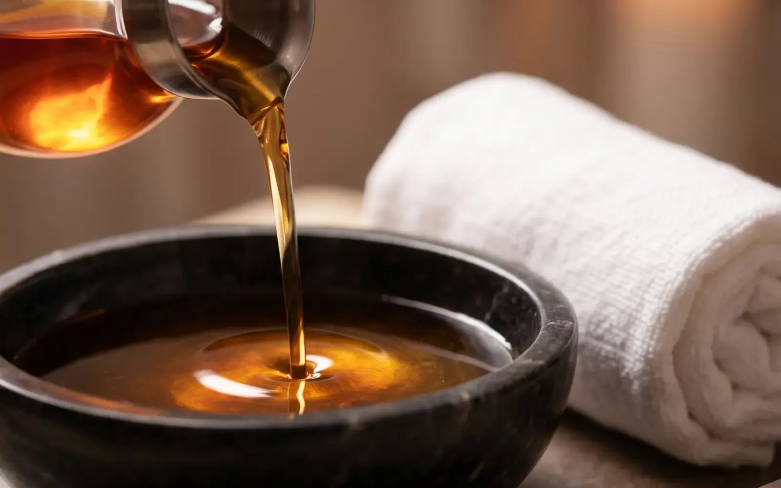 Warm massage oil and rolled towels for the Signature Session at Aurum Astra spa