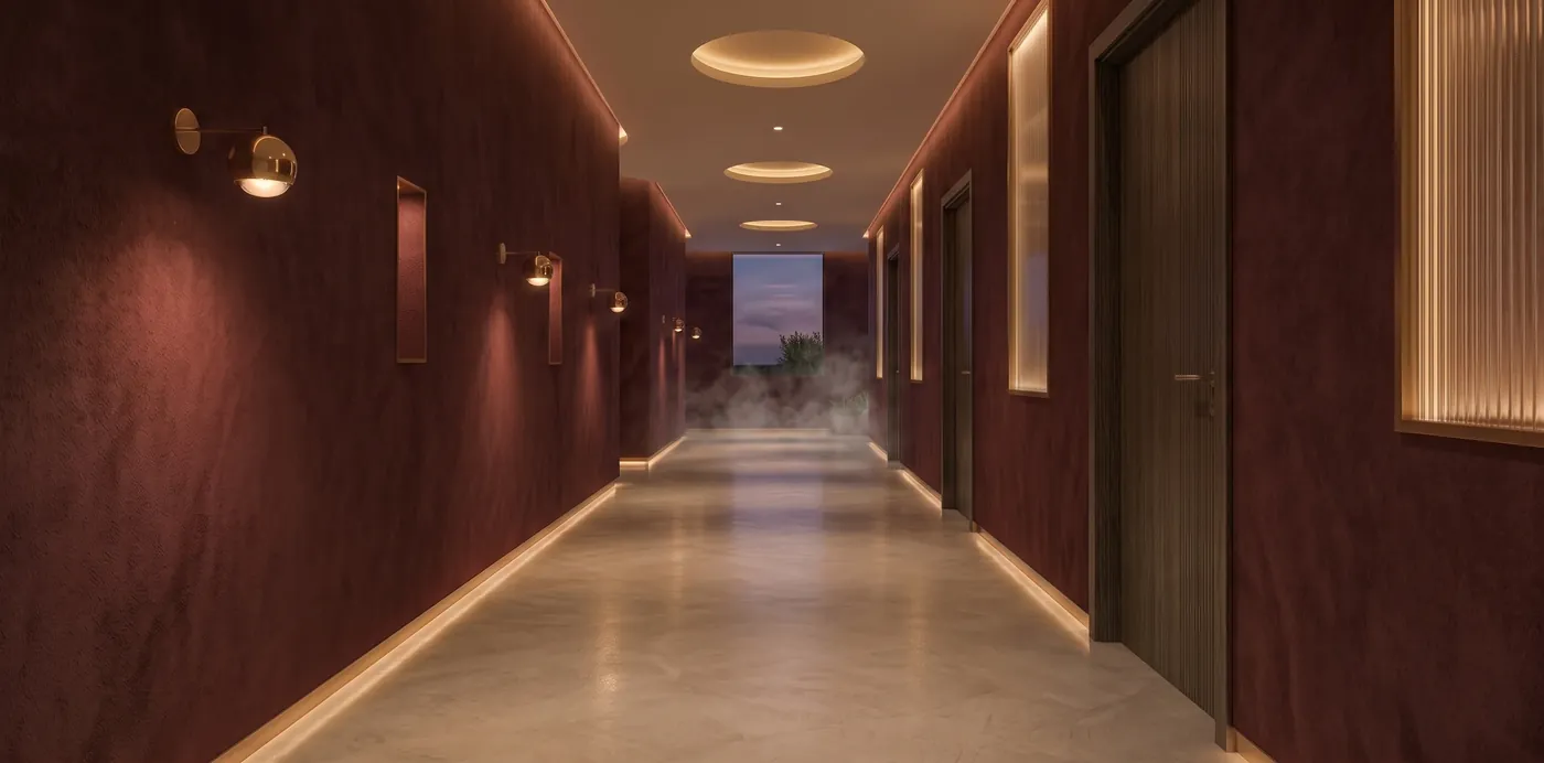 Terrace garden lounge at dusk, Aurum Astra luxury spa in Hennur