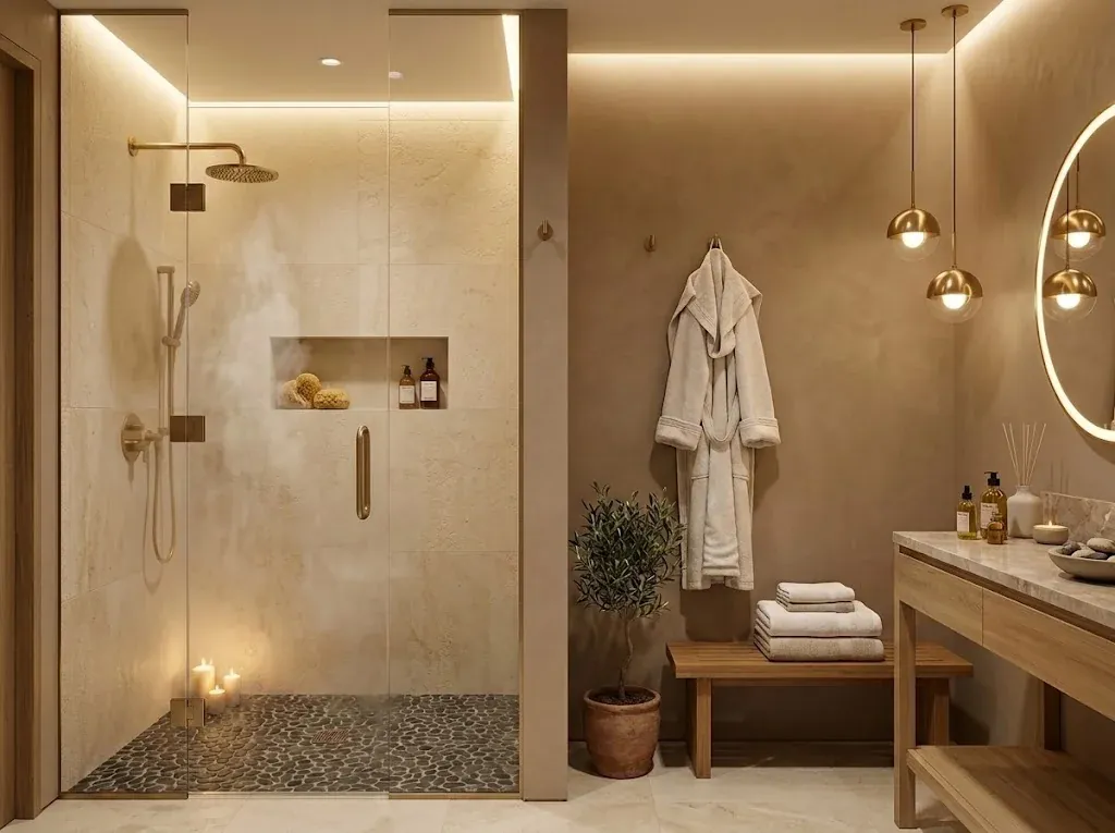In-room shower with robes and fresh towels at Aurum Astra spa in Hennur